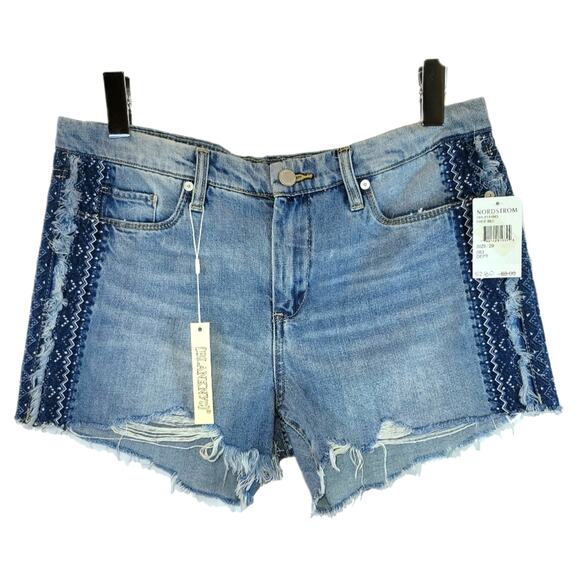 BlankNYC Blue Jean Hiker Short Sz 29 8 Frayed Embroidered Side Stripe Free Bee - Picture 2 of 16